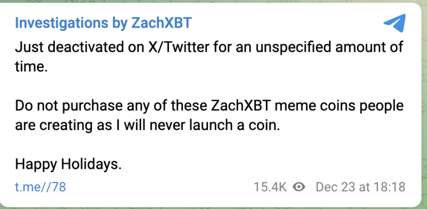 El detective de criptomonedas, ZachXBT anunciando su salida de X. 